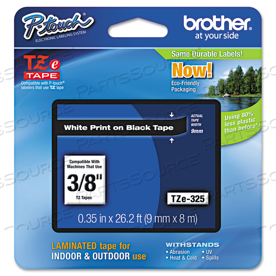 TZE STANDARD ADHESIVE LAMINATED LABELING TAPE, 0.35" X 26.2 FT, WHITE ON BLACK by Brother