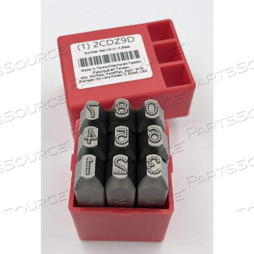 NUMBER SET, 0 TO 8 (WITH 6 SERVING AS 9), 1/4 IN CHARACTER HT, 3 IN SHANK LG, STEEL by Approved Vendor