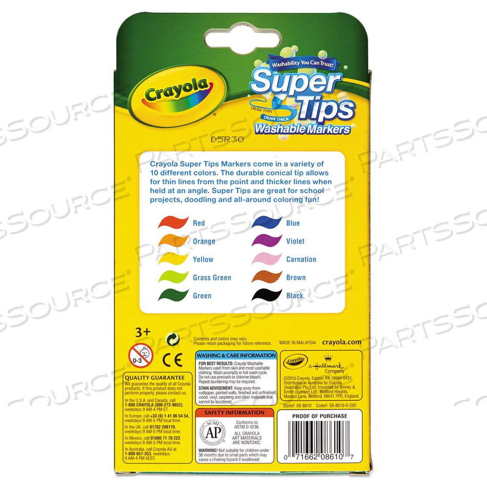WASHABLE SUPER TIPS MARKERS, FINE/BROAD BULLET TIPS, ASSORTED COLORS, 10/SET by Crayola WASHABLE SUPER TIPS MARKERS, FINE/BROAD BULLET TIPS, ASSORTED COLORS, 10/SET by Crayola