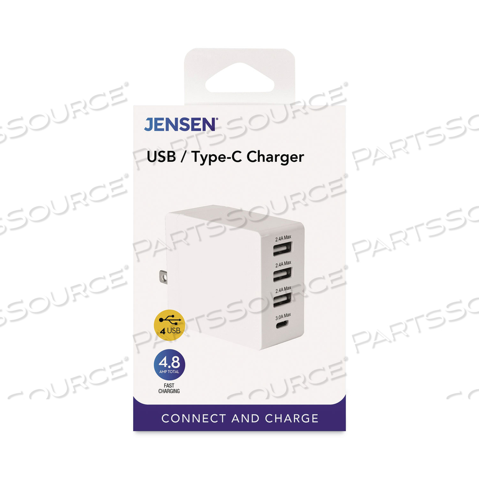 4-PORT USB AND TYPE-C WALL CHARGER, WHITE 