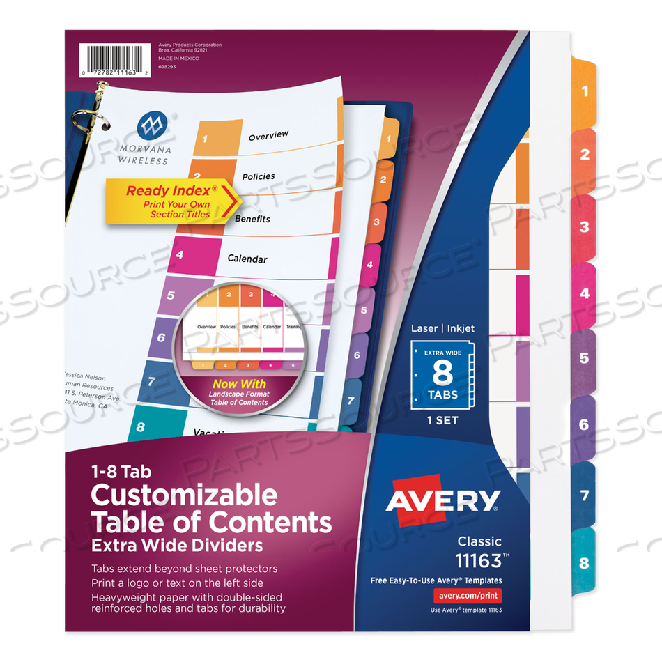 CUSTOMIZABLE TOC READY INDEX MULTICOLOR TAB DIVIDERS, EXTRA WIDE TABS, 8-TAB, 1 TO 8, 11 X 9.25, WHITE, 1 SET by Avery CUSTOMIZABLE TOC READY INDEX MULTICOLOR TAB DIVIDERS, EXTRA WIDE TABS, 8-TAB, 1 TO 8, 11 X 9.25, WHITE, 1 SET by Avery