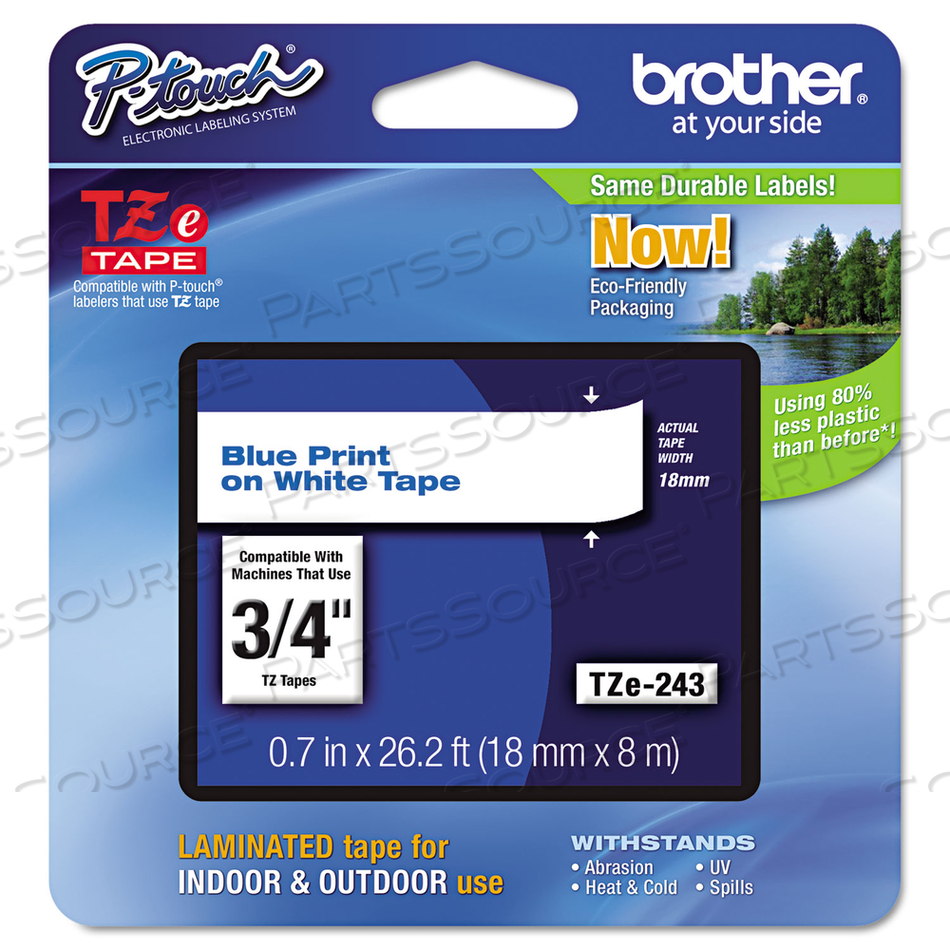 TZE STANDARD ADHESIVE LAMINATED LABELING TAPE, 0.7" X 26.2 FT, BLUE ON WHITE by Brother