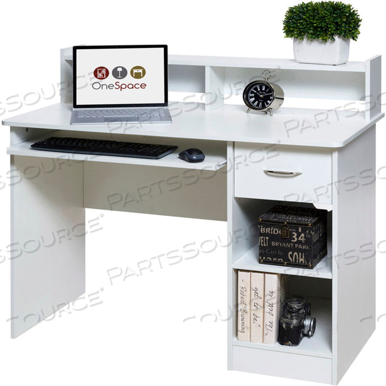 ONESPACE ESSENTIAL COMPUTER DESK, HUTCH WITH PULL-OUT KEYBOARD, WHITE 