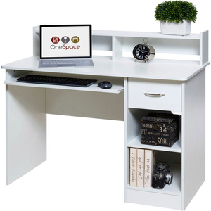 ONESPACE ESSENTIAL COMPUTER DESK, HUTCH WITH PULL-OUT KEYBOARD, WHITE by Comfort Products