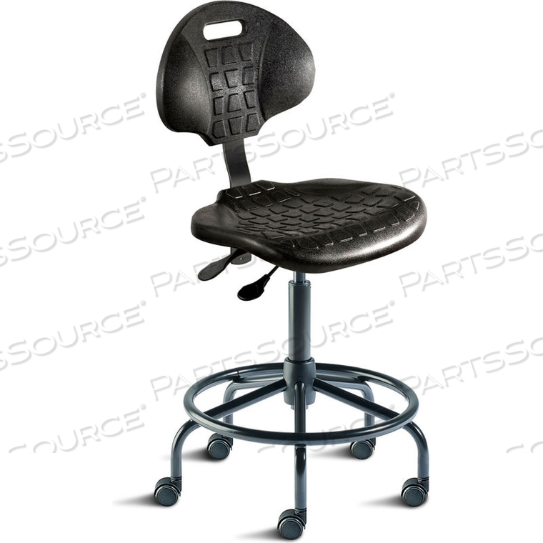 TASK STOOL, 20"-27" SEAT HEIGHT, BLACK URETHANE - BLACK STEEL BASE - UNIQUEU SERIES 