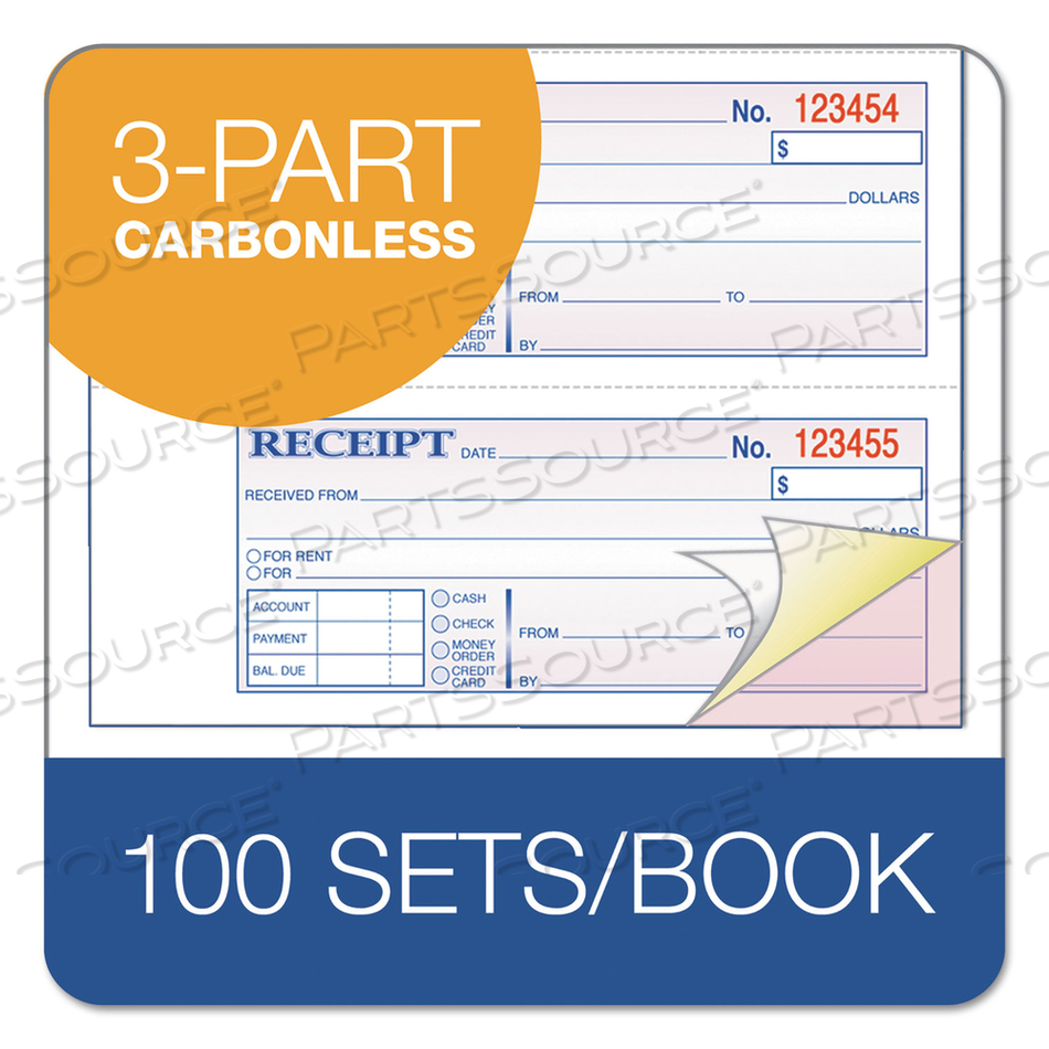 RECEIPT BOOK, THREE-PART CARBONLESS, 7.19 X 2.75, 4 FORMS/SHEET, 100 FORMS TOTAL by Adams RECEIPT BOOK, THREE-PART CARBONLESS, 7.19 X 2.75, 4 FORMS/SHEET, 100 FORMS TOTAL by Adams
