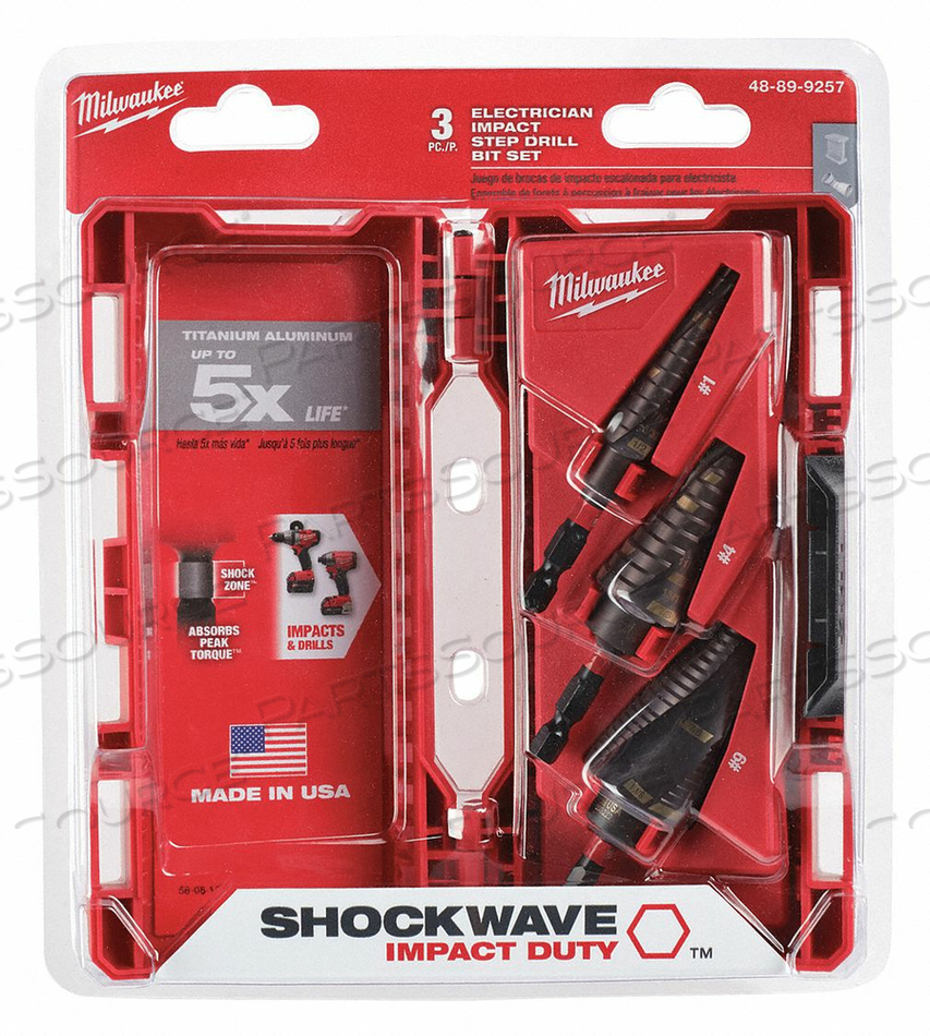 STEP DRILL BIT SET, HIGH SPEED STEEL, TIALN, 1/8 IN TO 1 1/8 IN SIZE RANGE, HEX, NUMBER OF DRILL BITS 3, SHANK HEX SIZE 1/4 IN by Milwaukee Electric Tools