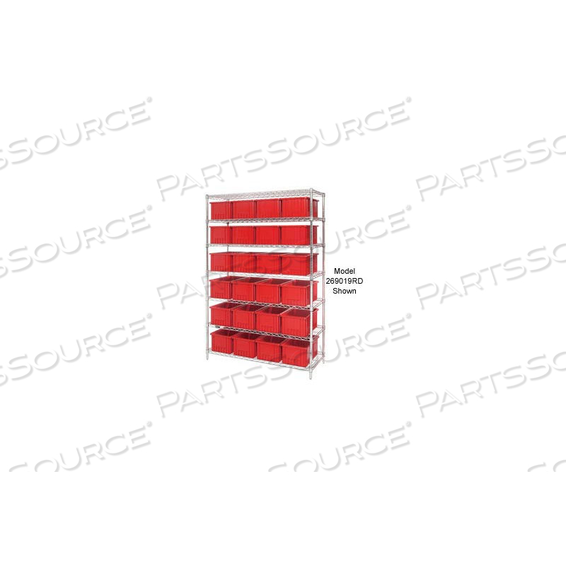 CHROME WIRE SHELVING WITH 24 6"H GRID CONTAINER RED, 60X24X74 by Approved Vendor