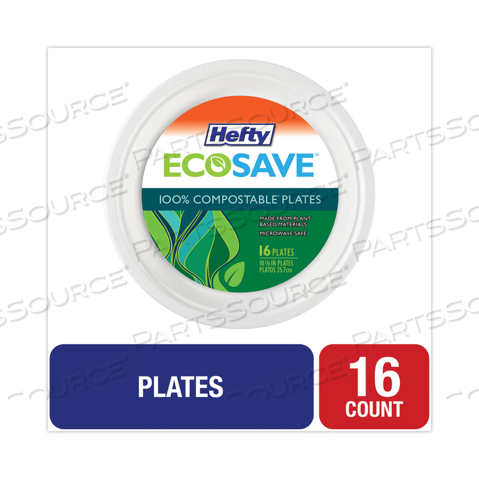ECOSAVE TABLEWARE, PLATE, BAGASSE, 10.13" DIA, WHITE by Hefty