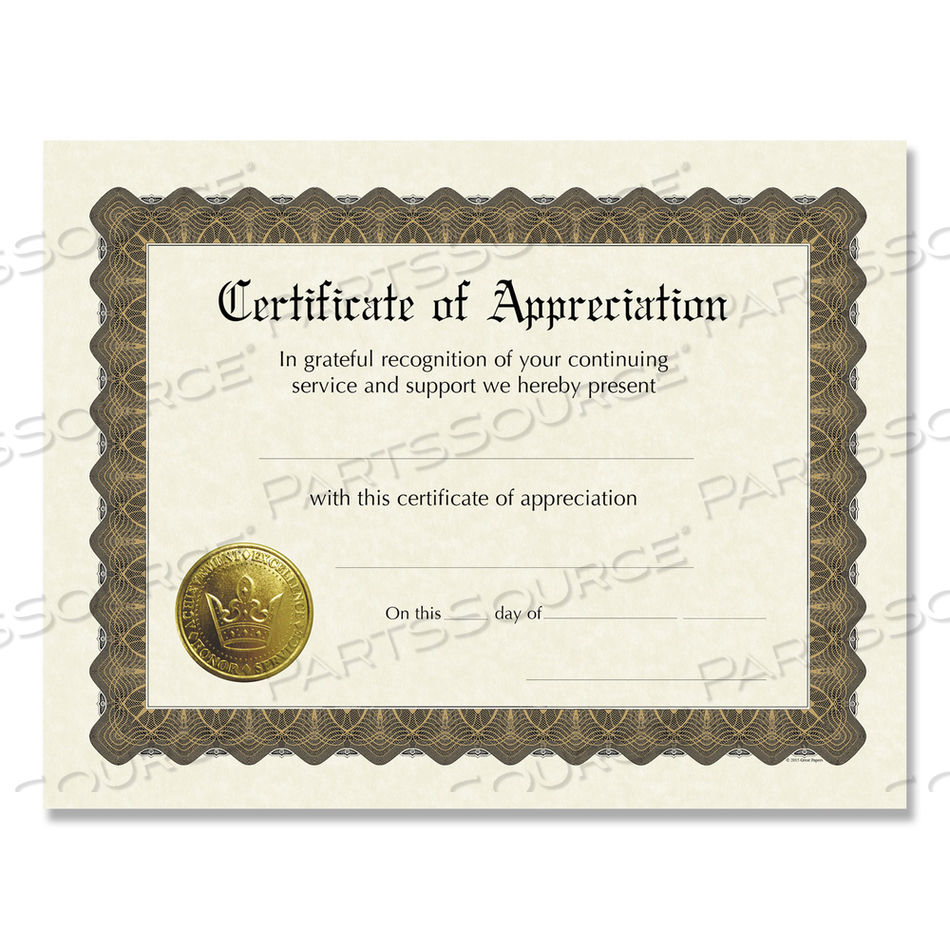 READY-TO-USE CERTIFICATES, APPRECIATION, 11 X 8.5, IVORY/BROWN/GOLD COLORS WITH BROWN BORDER by Great Papers