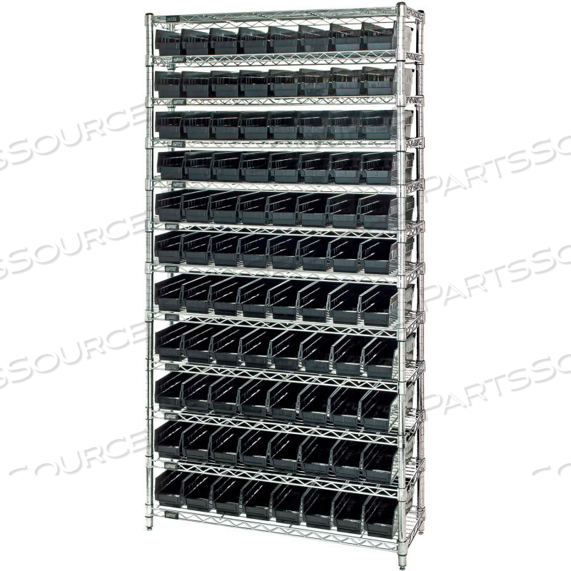 STEEL WIRE SHELVING WITH 88 CONDUCTIVE 4"H BINS BLACK - 12 SHELVES - 36"W X 12"D X 74"H by Quantum Storage Systems