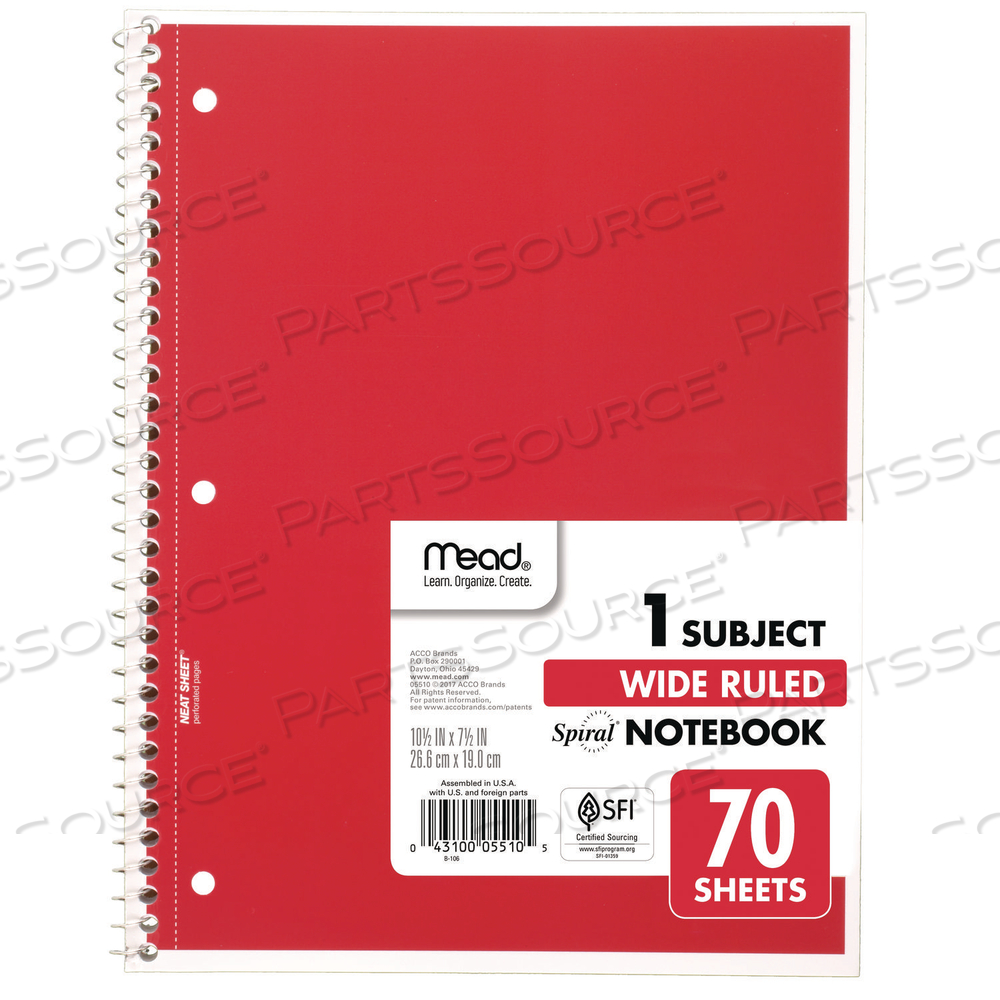 SPIRAL NOTEBOOK, 1-SUBJECT, WIDE/LEGAL RULE, RANDOMLY ASSORTED COVER COLOR, (70) 8 X 10.5 SHEETS by Mead SPIRAL NOTEBOOK, 1-SUBJECT, WIDE/LEGAL RULE, RANDOMLY ASSORTED COVER COLOR, (70) 8 X 10.5 SHEETS by Mead