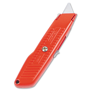 INTERLOCK SAFETY UTILITY KNIFE WITH SELF-RETRACTING ROUND POINT BLADE, 5.63" METAL HANDLE, RED ORANGE by Stanley INTERLOCK SAFETY UTILITY KNIFE WITH SELF-RETRACTING ROUND POINT BLADE, 5.63" METAL HANDLE, RED ORANGE by Stanley
