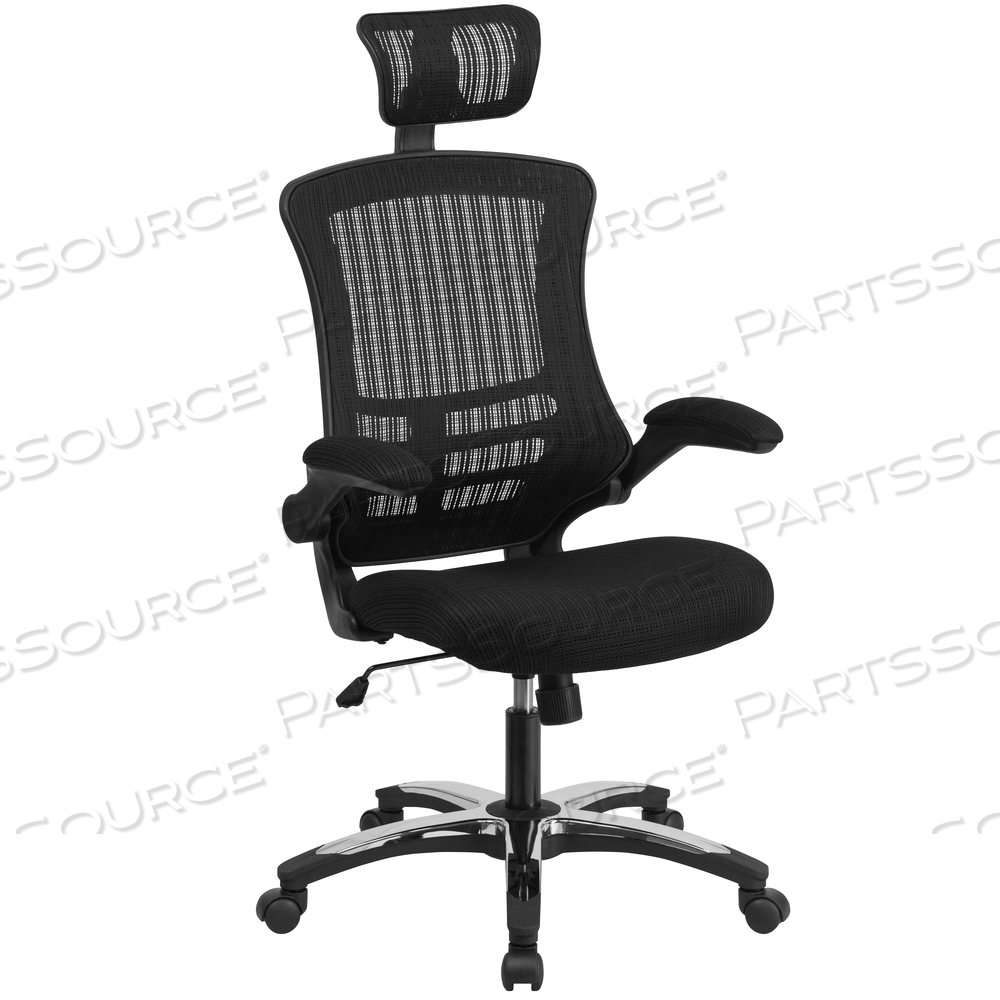KELISTA HIGH-BACK BLACK MESH SWIVEL ERGONOMIC EXECUTIVE OFFICE CHAIR WITH FLIP-UP ARMS AND ADJUSTABLE HEADREST by Flash Furniture KELISTA HIGH-BACK BLACK MESH SWIVEL ERGONOMIC EXECUTIVE OFFICE CHAIR WITH FLIP-UP ARMS AND ADJUSTABLE HEADREST by Flash Furniture