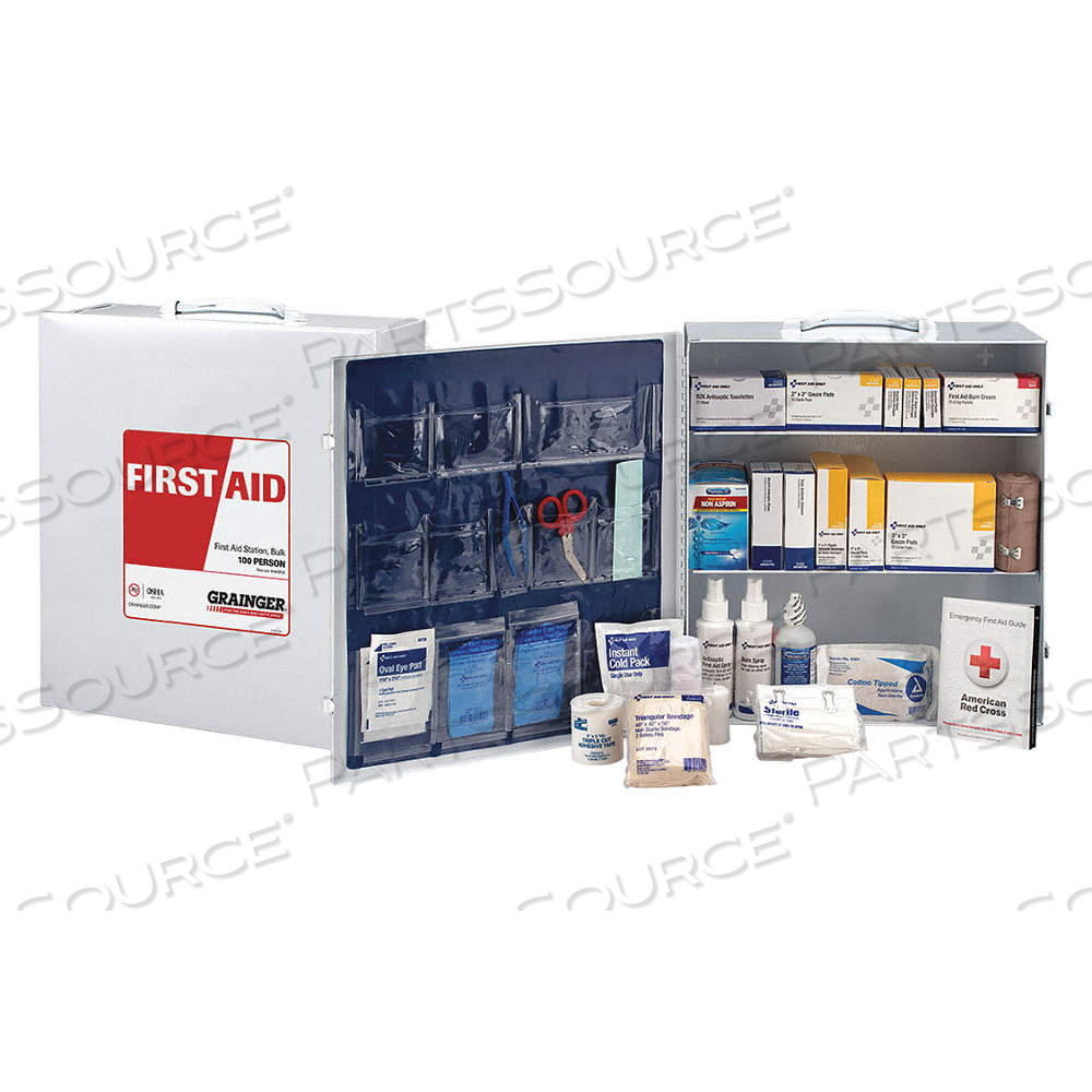 FIRST AID KIT AND HOUSING, GEN PURPOSE, 100 PEOPLE SERVED, 404 COMPONENTS, METAL by Approved Vendor