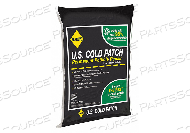 COLD PATCH, PRODUCT TYPE COLD PATCH, BASE MATERIAL RECYCLED ASPHALT MIX, CURE TYPE PRESSURE, CONTAINER SIZE 50 LB, CONTAINER TYPE BAG, COVER by Sakrete