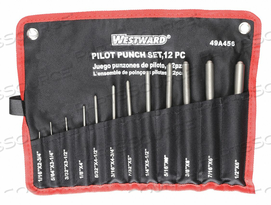 ROLL PIN PUNCH SET, SET TYPE PUNCH SET, TYPES INCLUDED PILOT PUNCH, NUMBER OF PIECES 12, BLADE TIP SHAPE HALF ROUND, INCLUDES HANDLE NO, INC by Westward