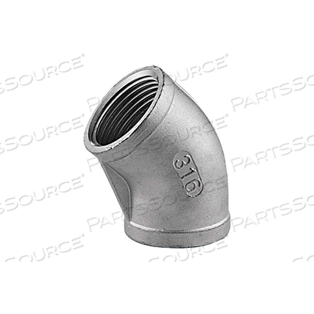 45° ELBOW, 316 STAINLESS STEEL, 1 1/2 IN X 1 1/2 IN FITTING PIPE SIZE, FEMALE NPT X FEMALE NPT by Approved Vendor 45° ELBOW, 316 STAINLESS STEEL, 1 1/2 IN X 1 1/2 IN FITTING PIPE SIZE, FEMALE NPT X FEMALE NPT by Approved Vendor
