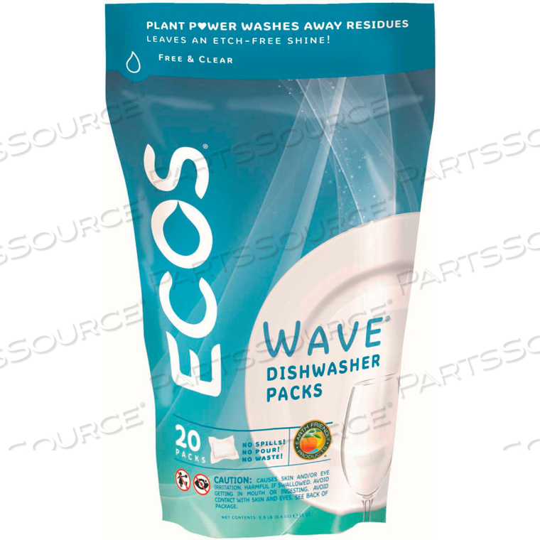 ECOS WAVE DISHWASHER PACKS FREE & CLEAR, 20 PACKETS/BAG, 6 BAGS/PACK 