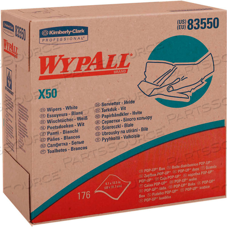 WYPALL X50 WIPERS, 9-1/10 X 12-1/2, WHITE, 176/POP-UP BOX, 10 BOXES/CARTON by Kimberly-Clark Corporation WYPALL X50 WIPERS, 9-1/10 X 12-1/2, WHITE, 176/POP-UP BOX, 10 BOXES/CARTON by Kimberly-Clark Corporation