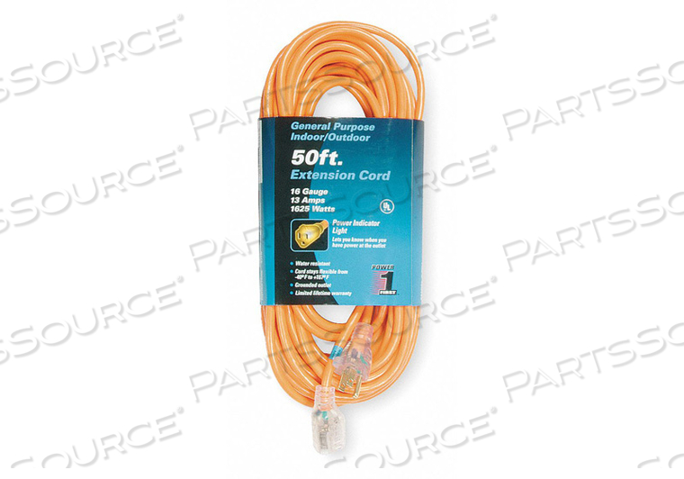 LIGHTED EXTENSION CORD, LOCATION OUTDOOR, CORD LENGTH 50 FT, WIRE SIZE 16 AWG, MAX. AMPS 13 A, VOLTAGE 125V AC, PLUG CONFIGURATION NEMA 5-15 by Power First LIGHTED EXTENSION CORD, LOCATION OUTDOOR, CORD LENGTH 50 FT, WIRE SIZE 16 AWG, MAX. AMPS 13 A, VOLTAGE 125V AC, PLUG CONFIGURATION NEMA 5-15 by Power First