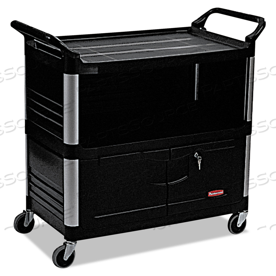 XTRA SERVICE CART W/CABINET, ALUMINUM POSTS, 3 SHELF, 40-5/8"LX20-3/4"W,BLACK by Rubbermaid Medical Division