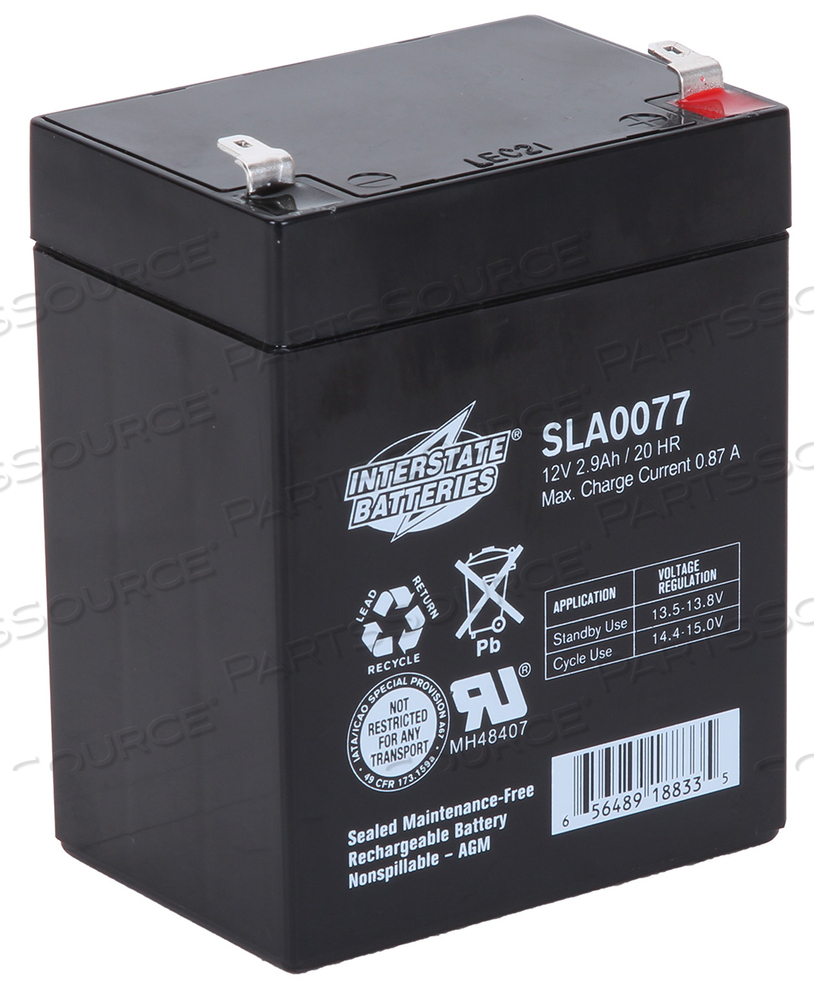 BATTERY, SEALED, REPLACEMENT, 2.2IN WIDTH, 3.9IN HEIGHT, BLACK, 3.1IN LENGTH, 2.9AH CAPACITY, LEAD ACID CHEMISTRY, 12V VOLTAGE RATING 