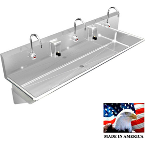 STAINLESS STEEL SINK, 3 STATION W/ELECTRONIC FAUCETS, WALL BRACKETS 60"L X 20"W X 8"D by Best Sheet Metal, Inc.