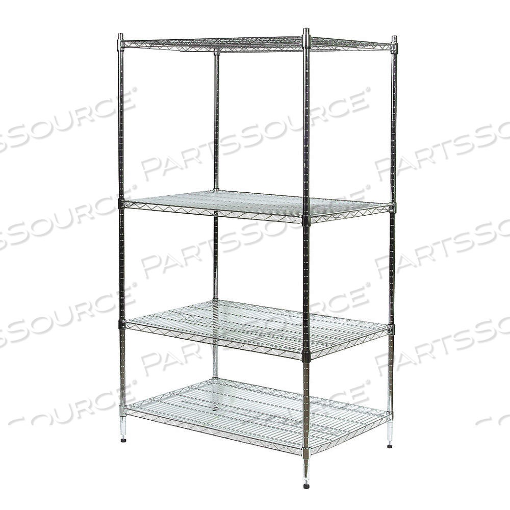 WIRE SHELVING UNIT, STARTER, 72 IN X 24 IN, 85 IN OVERALL HT, 4 SHELVES, DRY, SILVER by Approved Vendor WIRE SHELVING UNIT, STARTER, 72 IN X 24 IN, 85 IN OVERALL HT, 4 SHELVES, DRY, SILVER by Approved Vendor