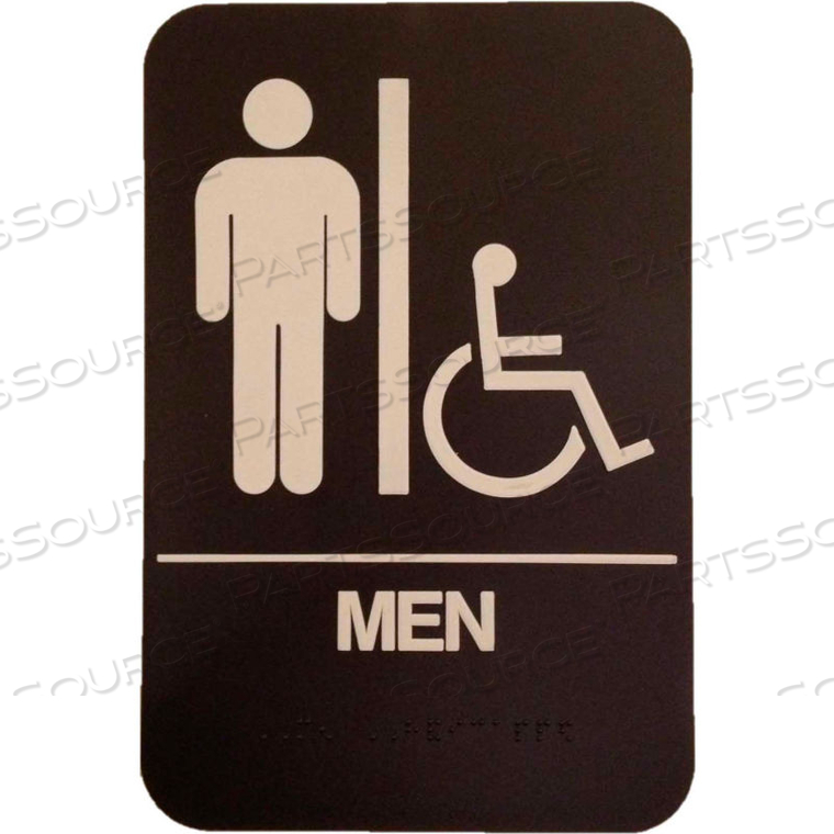 MEN'S HANDICAP ADA SIGN, 6" X 9", BROWN WITH RAISED WHITE LETTERING 