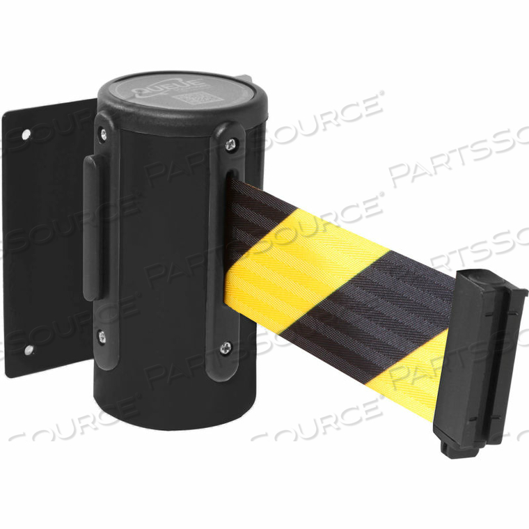 WALL MOUNTED RETRACTING BELT BARRIER, 10'L YELLOW/BLACK BELT by Queue Solutions LLC WALL MOUNTED RETRACTING BELT BARRIER, 10'L YELLOW/BLACK BELT by Queue Solutions LLC