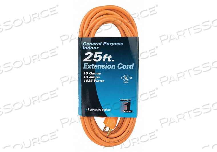 EXTENSION CORD, LOCATION INDOOR, CORD LENGTH 25 FT, WIRE SIZE 16 AWG, MAX. AMPS 13 A, VOLTAGE 125V AC, PLUG CONFIGURATION NEMA 5-15P, RECEPT by Power First