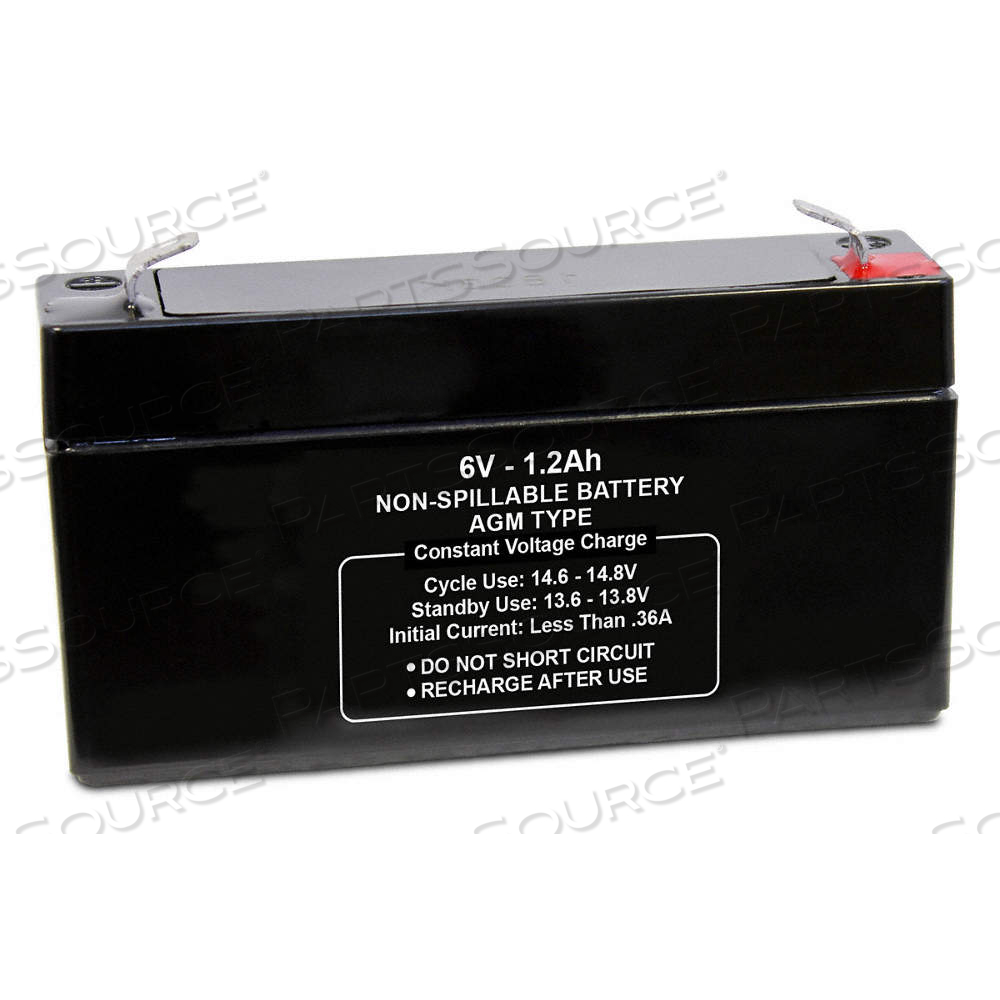 SEALED LEAD ACID BATTERY, 6V DC, 1.2 AH CAPACITY, 2.05 IN HT, 3.82 IN WD, 0.94 IN DP SEALED LEAD ACID BATTERY, 6V DC, 1.2 AH CAPACITY, 2.05 IN HT, 3.82 IN WD, 0.94 IN DP