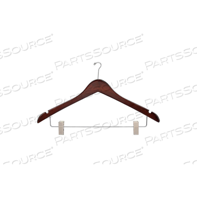 17" WOOD HANGER FOR LADIES' SUIT/SKIRT, MINI-HOOK, WALNUT W/ CHROME HARDWARE, 100/CASE 