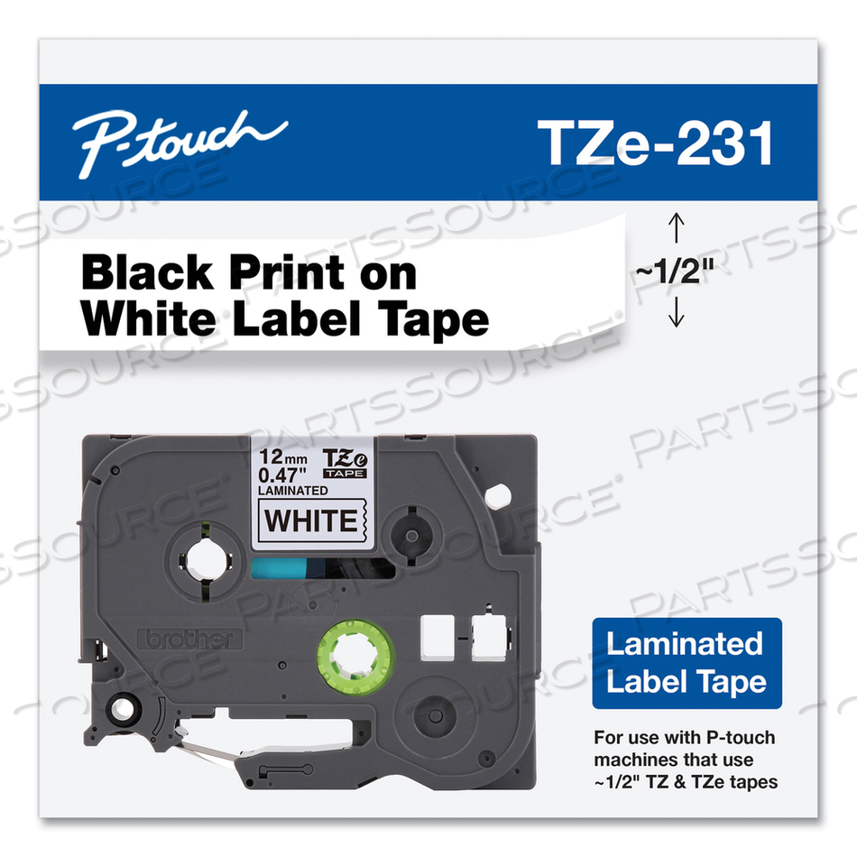 TZE STANDARD ADHESIVE LAMINATED LABELING TAPE, 0.47" X 26.2 FT, BLACK ON WHITE by Brother
