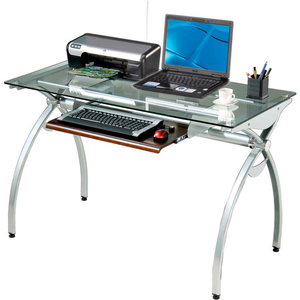 TECHNI MOBILI CONTEMPO GLASS TOP COMPUTER DESK WITH PULL OUT KEYBOARD PANEL, CLEAR & SILVER by Rta Products LLC