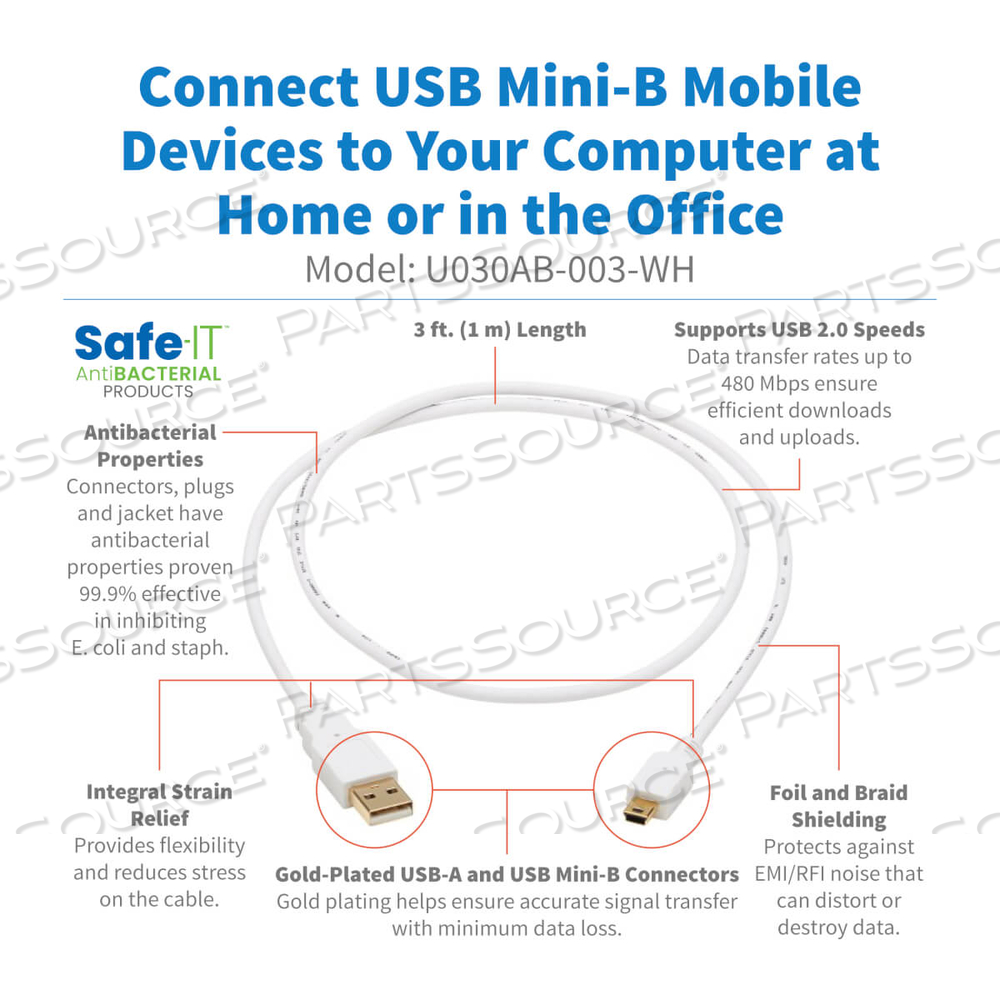 SAFE-IT USB-A TO USB MINI-B ANTIBACTERIAL CABLE M/M WHITE 3FT by Tripp Lite