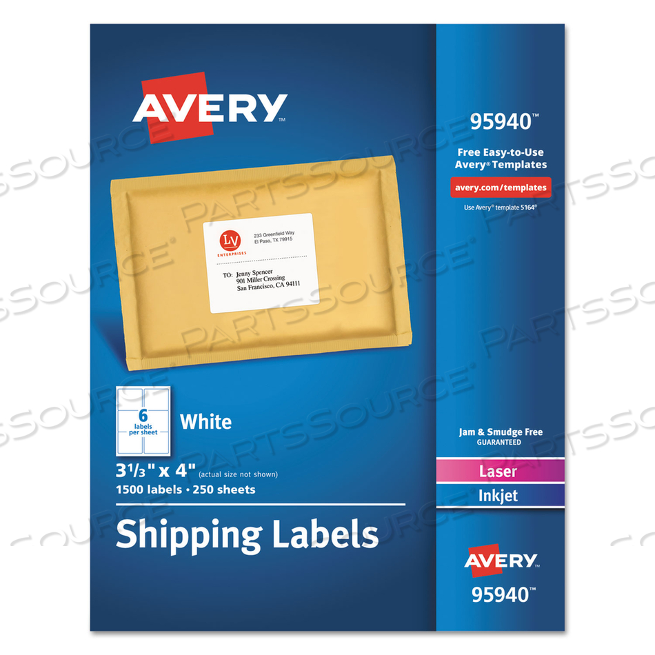 WHITE SHIPPING LABELS-BULK PACKS, INKJET/LASER PRINTERS, 3.33 X 4, WHITE, 6/SHEET by Avery WHITE SHIPPING LABELS-BULK PACKS, INKJET/LASER PRINTERS, 3.33 X 4, WHITE, 6/SHEET by Avery