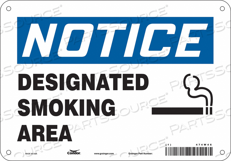 SAFETY SIGN, VERTICAL RECTANGLE, NUMBER OF PRINTED SIDES 1, ENGLISH, SIGN FORMAT TRADITIONAL OSHA, SIGN LEGEND DESIGNATED SMOKING AREA, SIGN by Condor SAFETY SIGN, VERTICAL RECTANGLE, NUMBER OF PRINTED SIDES 1, ENGLISH, SIGN FORMAT TRADITIONAL OSHA, SIGN LEGEND DESIGNATED SMOKING AREA, SIGN by Condor
