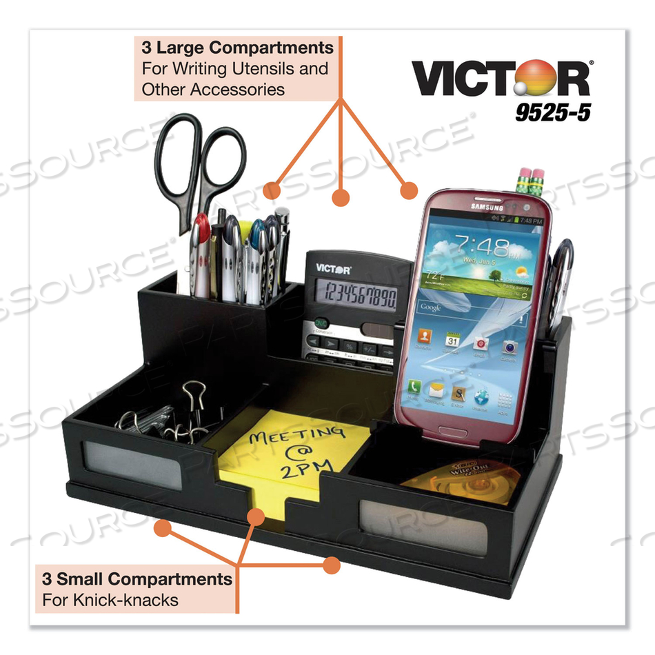 MIDNIGHT BLACK DESK ORGANIZER WITH SMARTPHONE HOLDER, 6 COMPARTMENTS, WOOD, 10.5 X 5.5 X 4 by Victor Technology, LLC