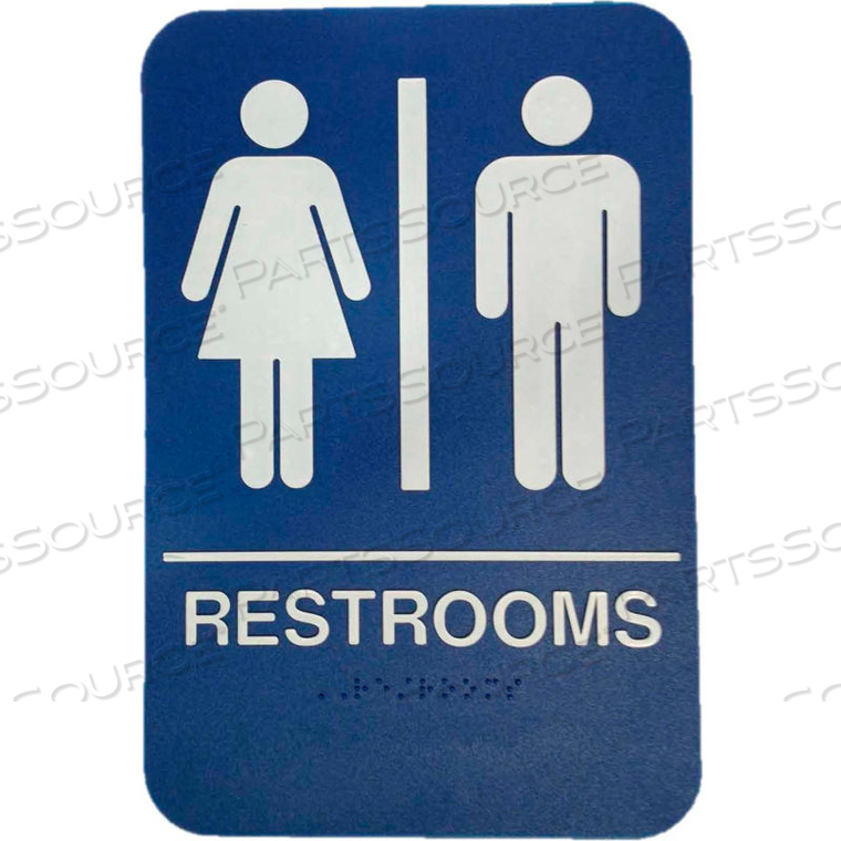RESTROOMS ADA SIGN, 6" X 9", BLUE WITH RAISED WHITE LETTERING by Don-Jo Mfg., Inc.