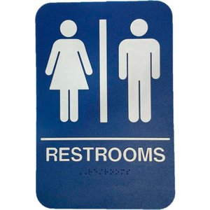 RESTROOMS ADA SIGN, 6" X 9", BLUE WITH RAISED WHITE LETTERING by Don-Jo Mfg., Inc.