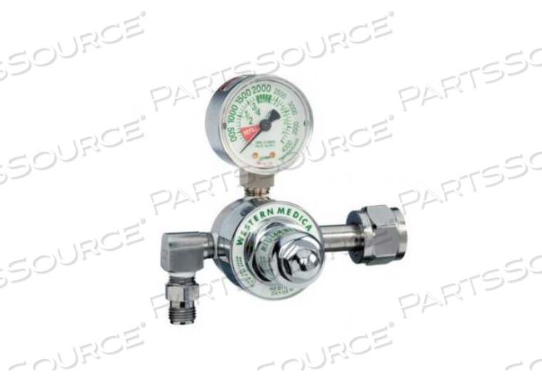ADJUSTABLE SINGLE STAGE REGULATOR, CGA 540 HAND TIGHT NUT AND NIPPLE, 0 TO 100 PSI DELIVERY, 3000 PSI INLET, MEETS FDA, ISO 9001, 2 IN DIA by Western Enterprises