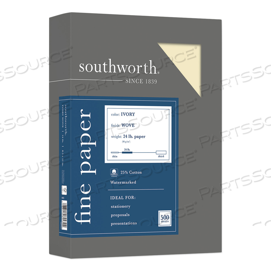25% COTTON BUSINESS PAPER, 95 BRIGHT, 24 LB BOND WEIGHT, 8.5 X 11, IVORY, 500 SHEETS/REAM by SOUTHWORTH PRODUCTS CORP 25% COTTON BUSINESS PAPER, 95 BRIGHT, 24 LB BOND WEIGHT, 8.5 X 11, IVORY, 500 SHEETS/REAM by SOUTHWORTH PRODUCTS CORP