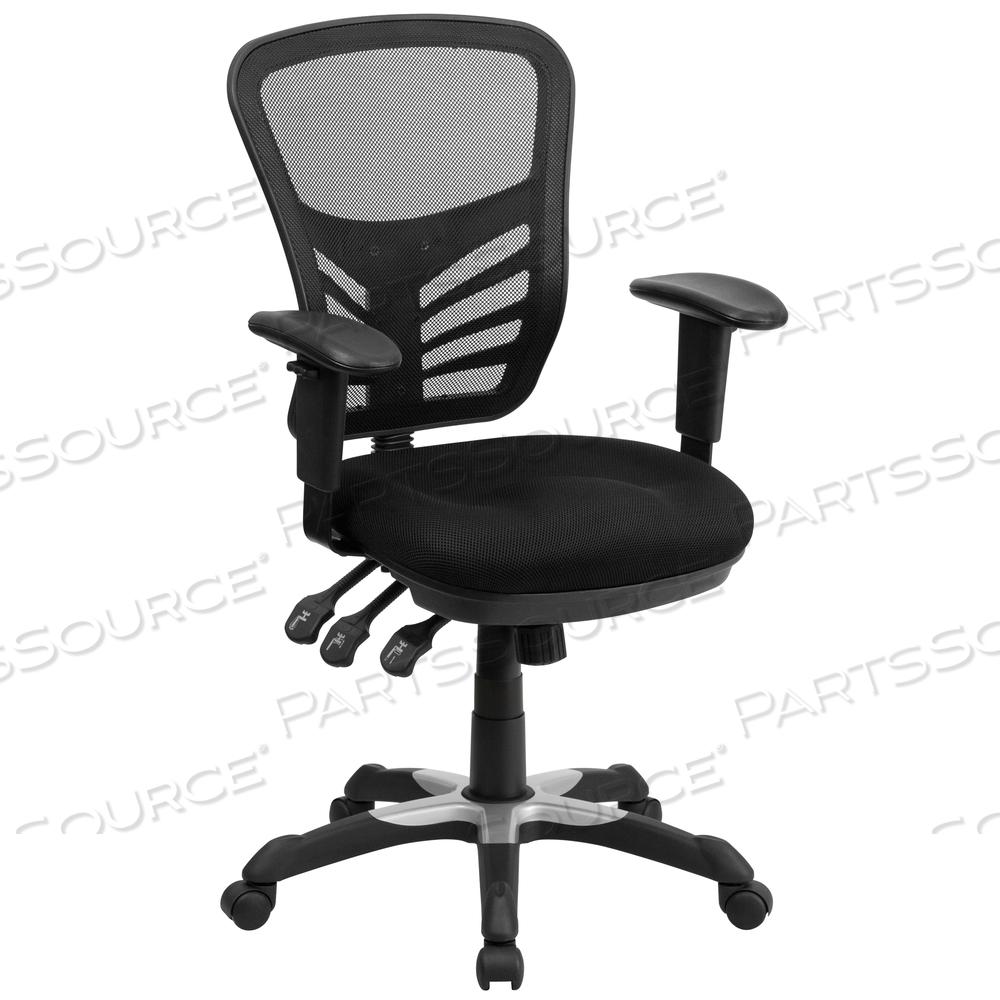 NICHOLAS MID-BACK BLACK MESH MULTIFUNCTION EXECUTIVE SWIVEL ERGONOMIC OFFICE CHAIR WITH ADJUSTABLE ARMS by Flash Furniture