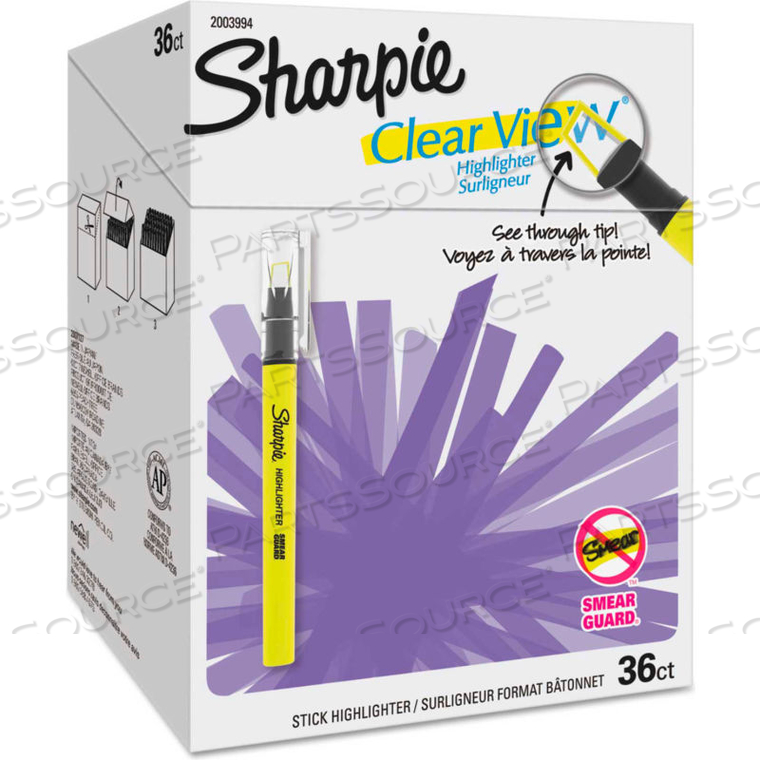 CLEAR VIEW HIGHLIGHTER STICK - OFFICE PACK - CHISEL TIP - ASSORTED - 36 PACK 