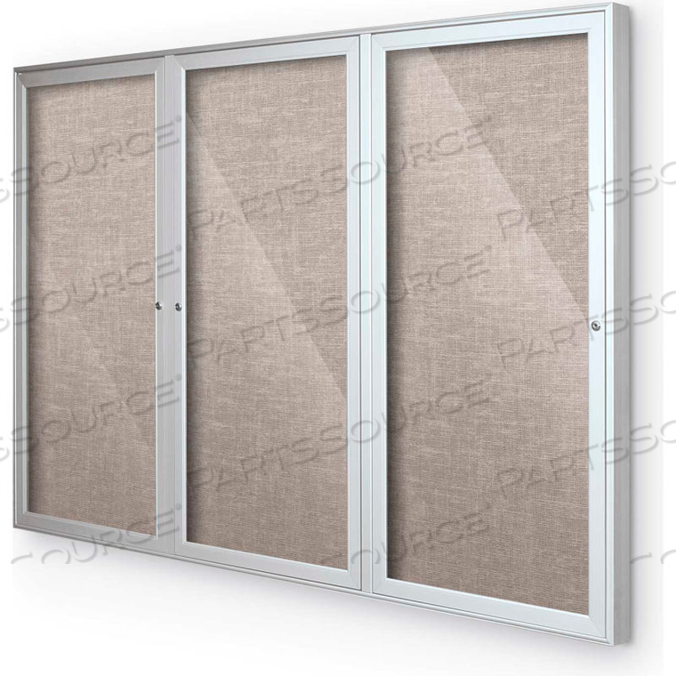 OUTDOOR ENCLOSED BULLETIN BOARD CABINET,3-DOOR 72"W X 36"H, SILVER TRIM, GRAY 