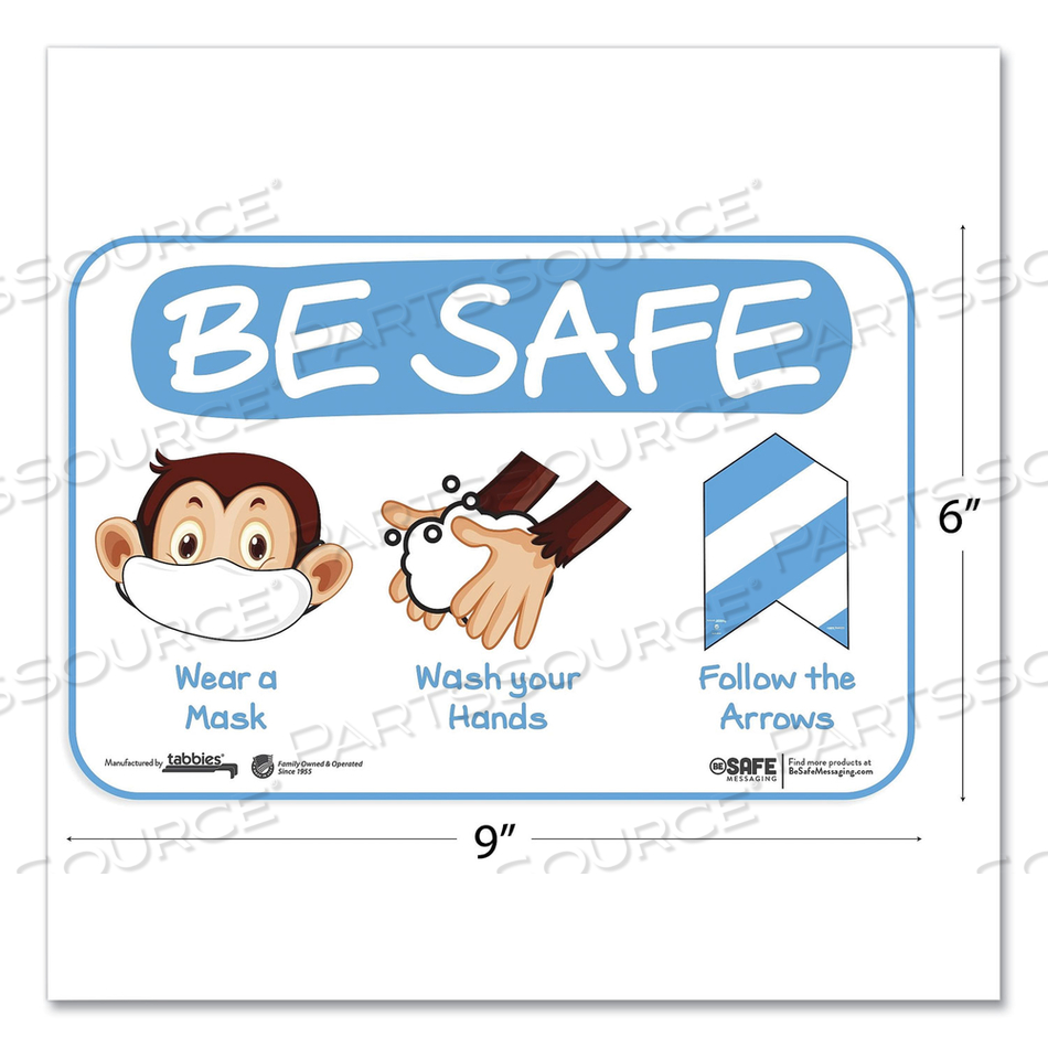 BESAFE MESSAGING EDUCATION WALL SIGNS, 9 X 6, "BE SAFE, WEAR A MASK, WASH YOUR HANDS, FOLLOW THE ARROWS", MONKEY by Tabbies BESAFE MESSAGING EDUCATION WALL SIGNS, 9 X 6, "BE SAFE, WEAR A MASK, WASH YOUR HANDS, FOLLOW THE ARROWS", MONKEY by Tabbies