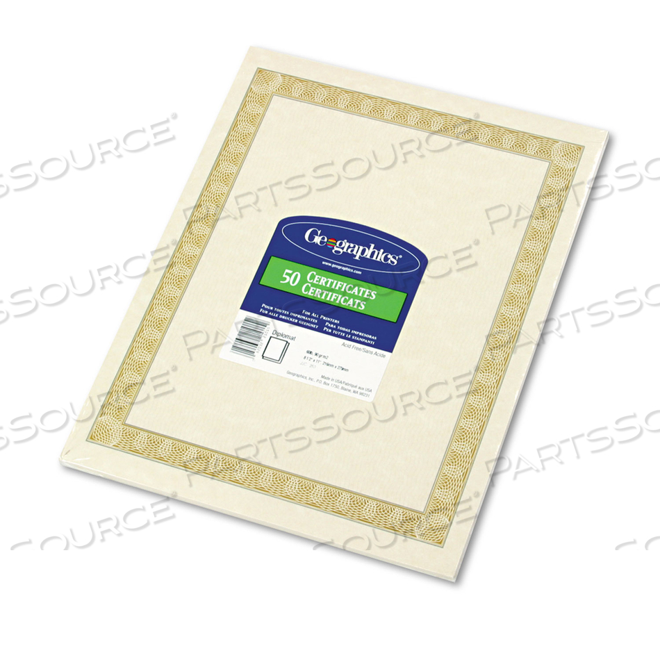ARCHIVAL QUALITY PARCHMENT PAPER CERTIFICATES, 11 X 8.5, HORIZONTAL ORIENTATION, NATURAL WITH WHITE DIPLOMAT BORDER, 50/PACK 