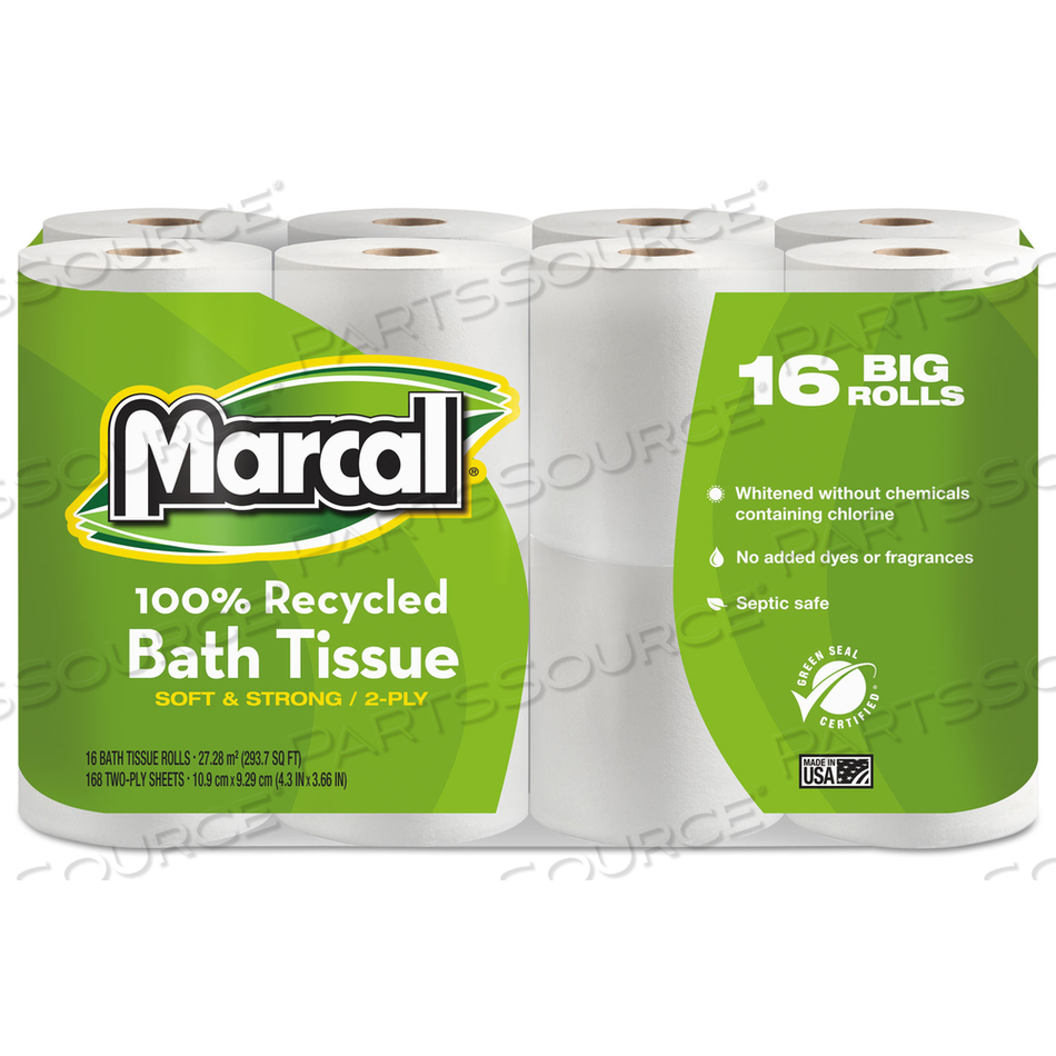 100% RECYCLED 2-PLY BATH TISSUE, SEPTIC SAFE, WHITE, 168 SHEETS/ROLL by Marcal